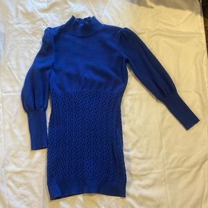 Royal blue sweater dress, no brand listed.